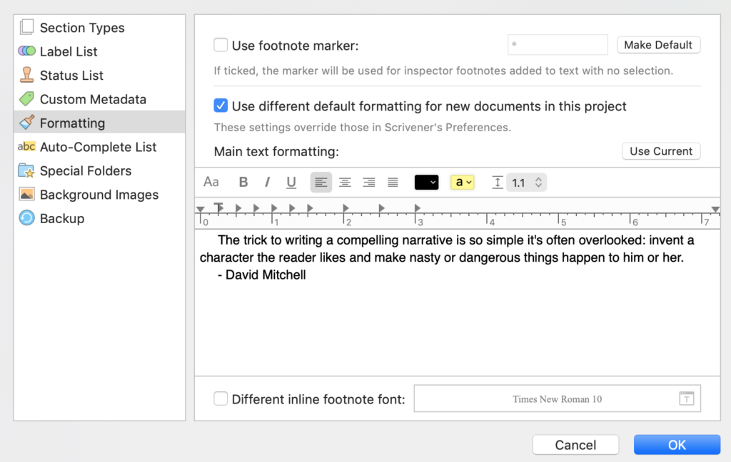 Formatting tab | Scrivener with No Style: Choosing your writing font