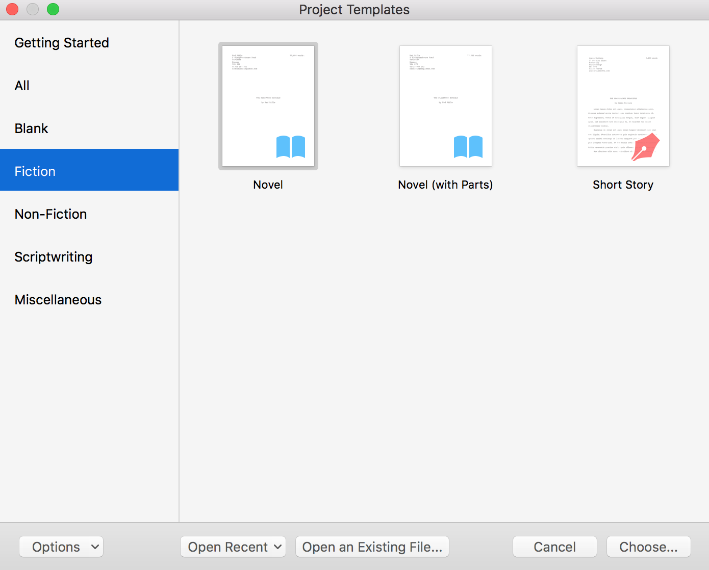 new Scrivener project: selecting the template in S3