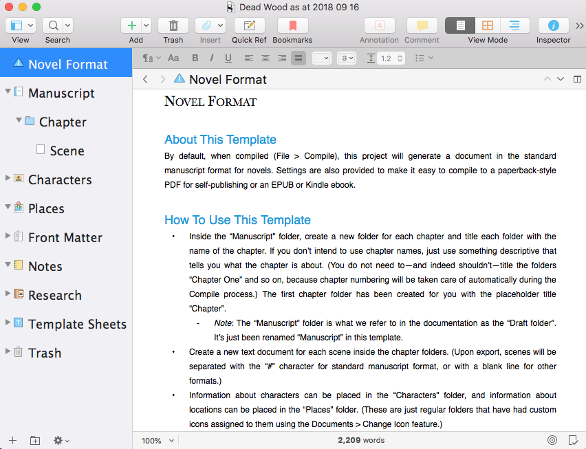 new Scrivener project: novel format guielines