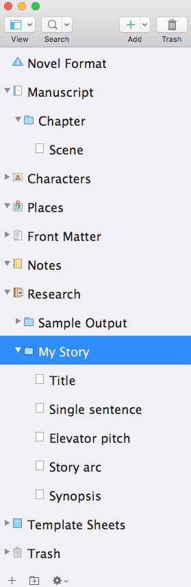 new Scrivener project: My Story folder