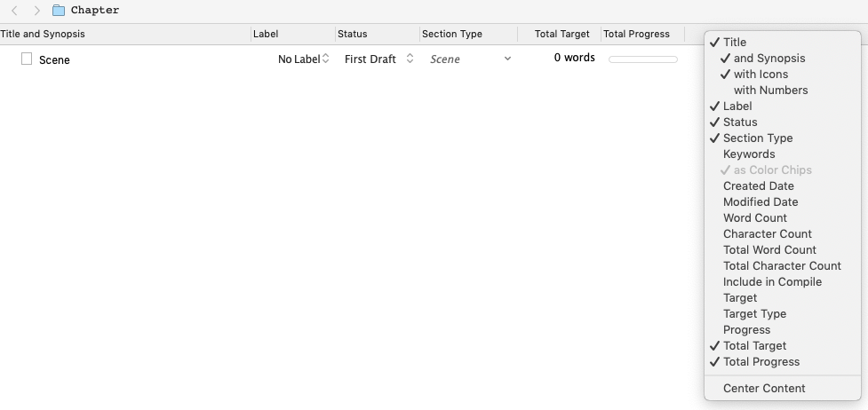 Choosing columns | Centre-stage for NaNoWriMo: Scrivener's Outliner view