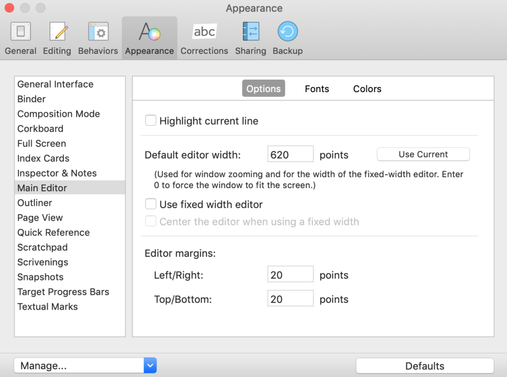 Editor margins | Scrivener with No Style: Choosing your onscreen layout