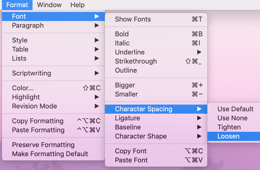 Character spacing | Scrivener with No Style: Creating white space