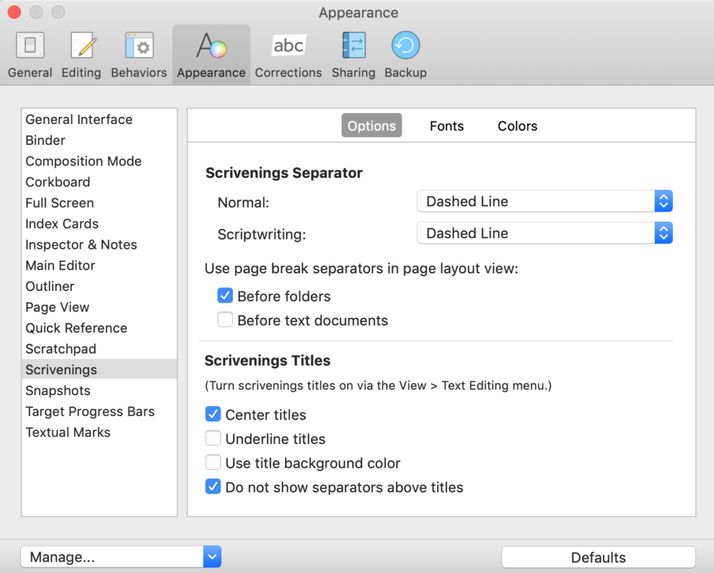 Appearance tab | Scrivener with No Style: Choosing your onscreen layout
