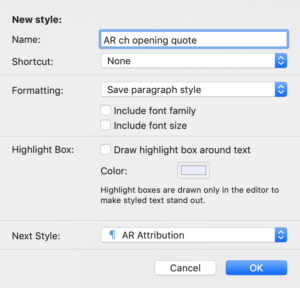 AR Ch opening quote | Scrivener with Style: The essential styles