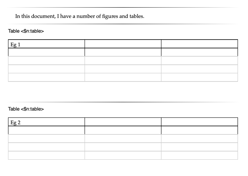 Sample tables for numbering