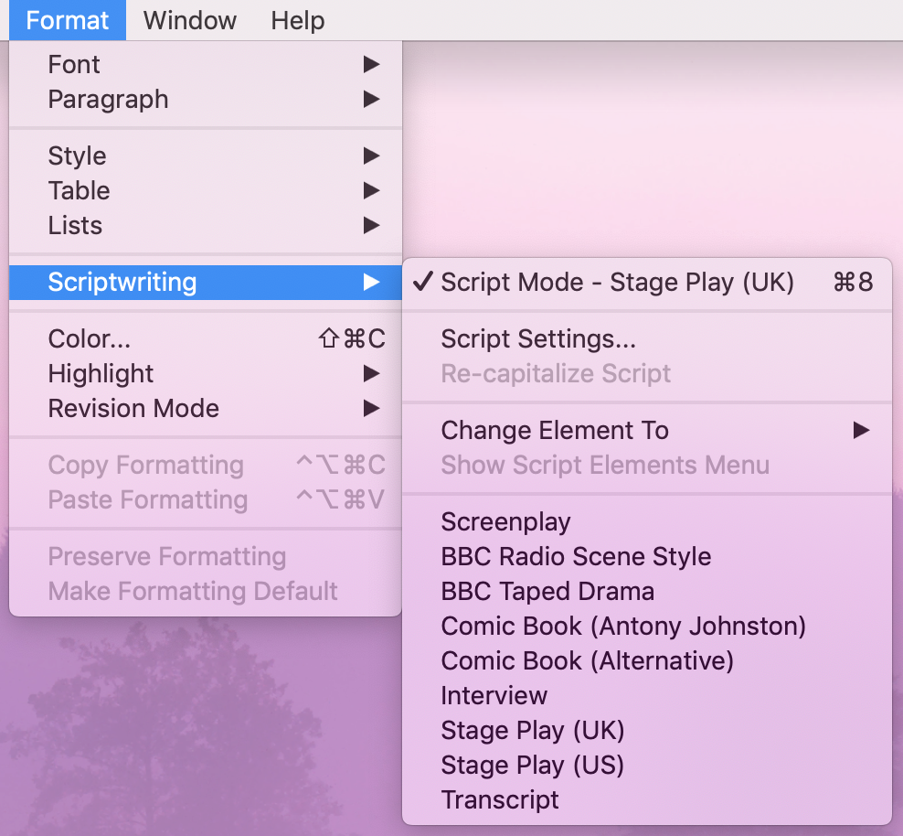 Scriptwriting mode selection | playwriting