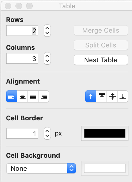 Table properties window