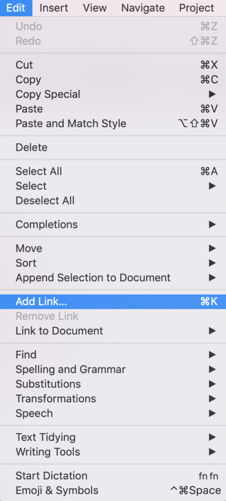 Edit options | Links in Scrivener