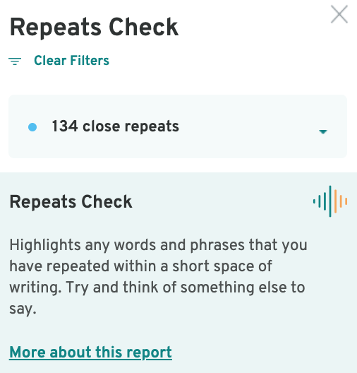 Repeats check | ProWritingAid: Repeats and Structure reports