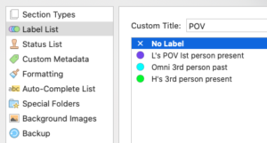 First POV example | Placeholders: Label, Status, Keywords and Synopsis