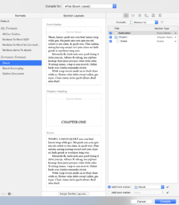 The three panes for a Novel format outputting to eBook | The Scrivener Mindset: Formatting via section layouts