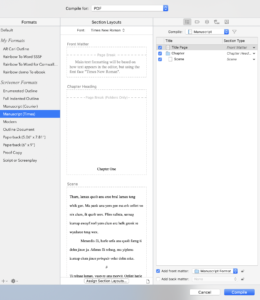 Three panes for Novel format outputting to PDF | The Scrivener Mindset: Formatting via section layouts