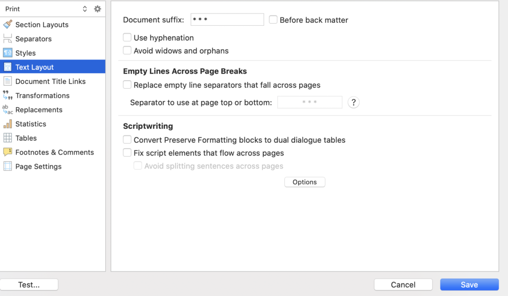 Screenshot of Scrivener's Compile Groups interface, showing how to organize manuscript sections for clean output.