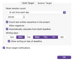 Writing sessions counting towards the target