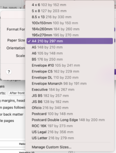 Choice of standard page sizes