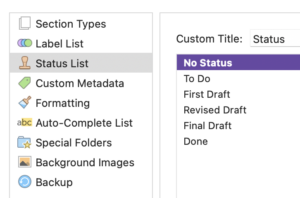 The 'standard' use for Status | Placeholders: Label, Status, Keywords and Synopsis