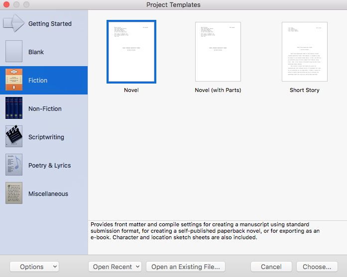 new Scrivener project: selecting the template in S2
