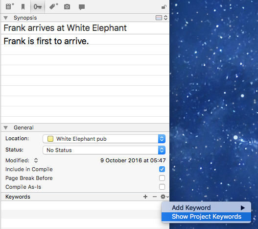 Project keywords as metadata (NaNoWrimo2016) | ScrivenerVirgin