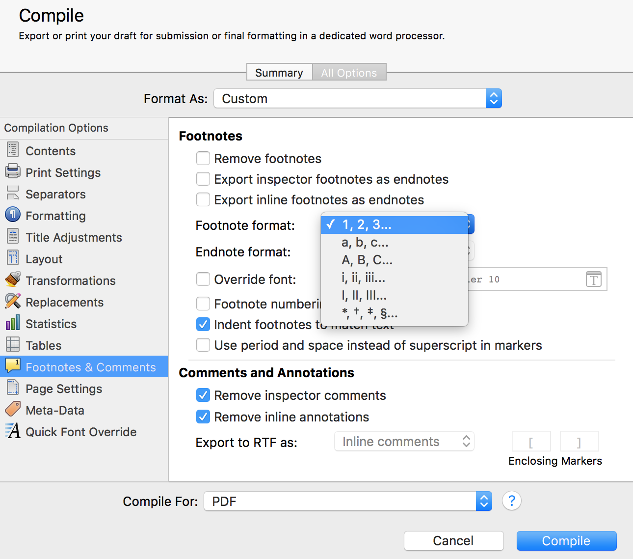 compiling example footnotes