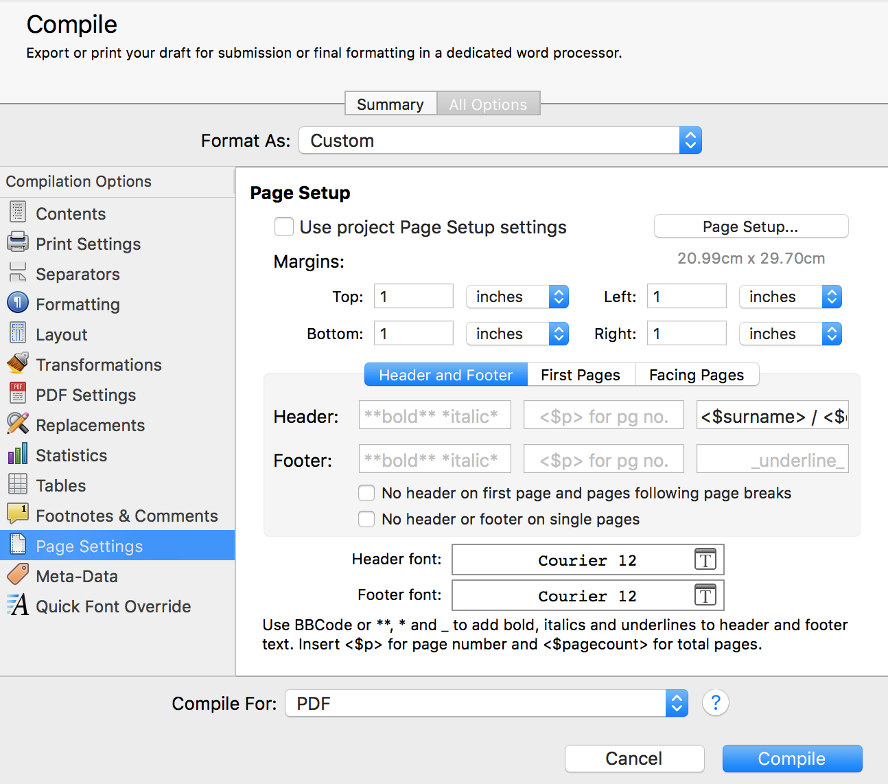 Short story Page Settings