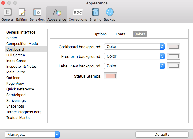 Corkboard customising of corkboard - colors tab