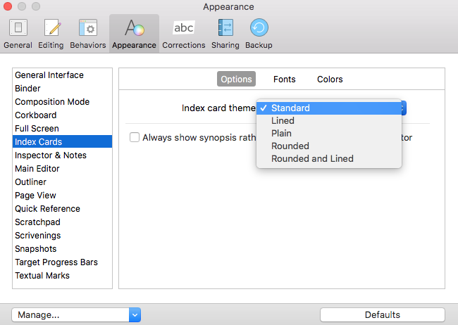 Corkboard customising of index cards - options tab